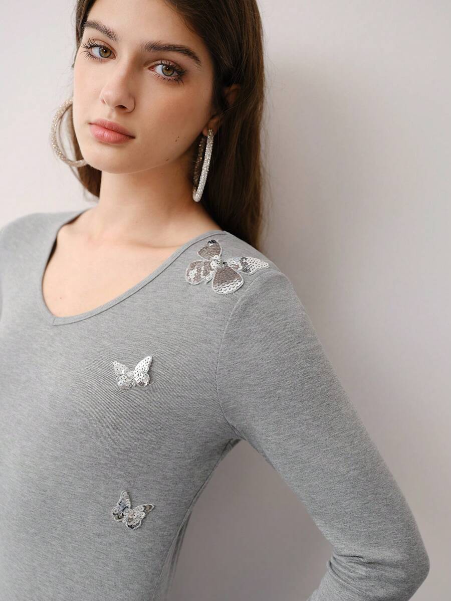 MOTF STUDIO SEQUIN BUTTERFLY BIAS CUT DRESS - Grey - View 2