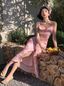 DAZY 女式扎染印花开衩下摆垂坠领无袖中长连衣裙太阳裙