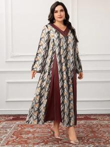 Al Najma Plus Size Women Geometric Print V-Neck Long Sleeve Arabic Style Dress