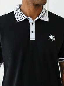 Manfinity Homme Men's Casual Colorblock Patchwork Knight Print Polo Shirt, For Golf - Black - View 7