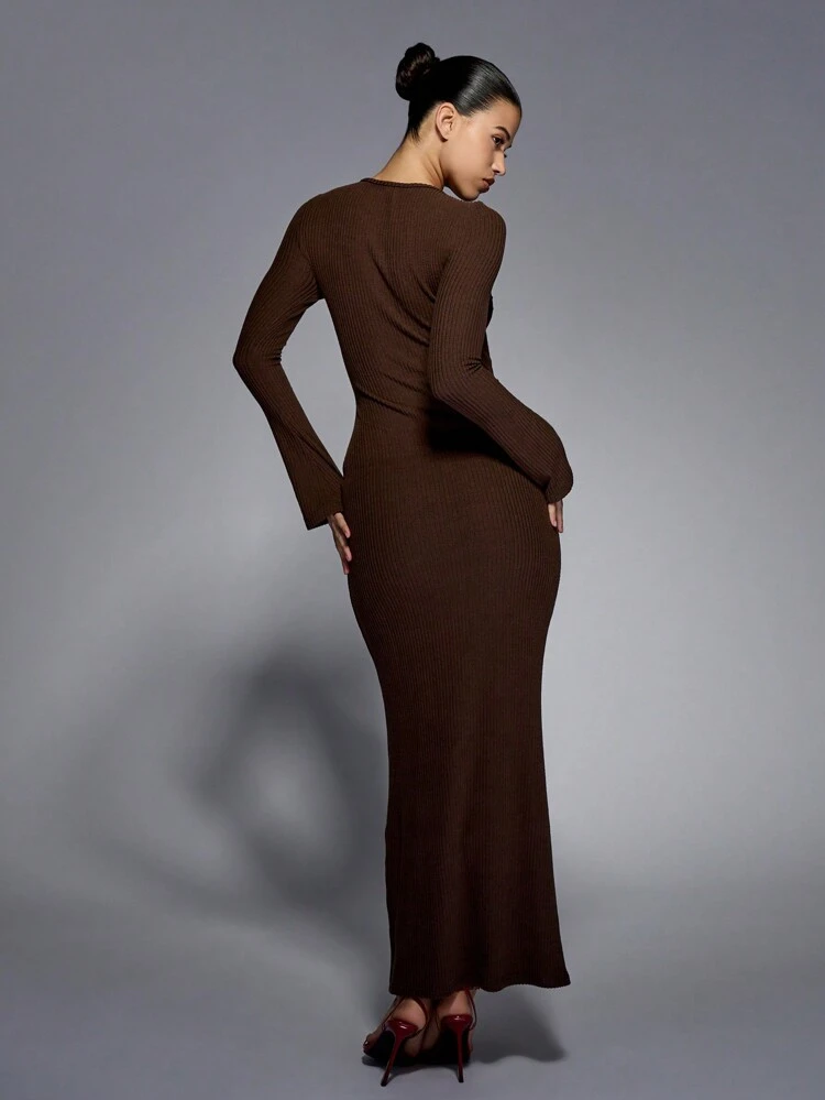 MISSGUIDED Straight Neck Long Sleeve Lace Up Back Rib Maxi Dress