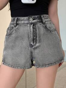 DAZY 女式侧开衩前扣口袋简约休闲牛仔短裤