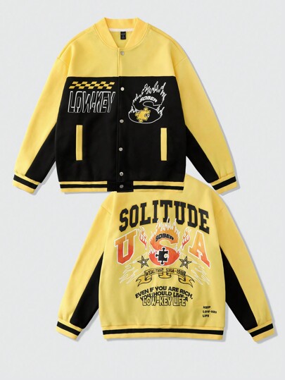 Street Life Men's Racing Thermal-Lined Color Block Letter Print Loose Casual Baseball Jacket