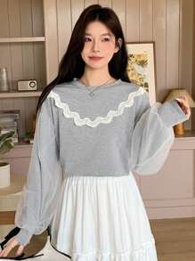 DAZY Women Lace Mesh Contrast Sweatshirt,Fall Women Clothes - Grey - View 6