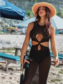 1 pieza Vestido de playa tipo caftán de unicolor de mujer con frente cruzado de malla para el verano