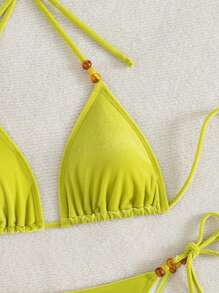 SHEIN Swim Pakaian Renang Liburan Musim Panas di Pantai untuk Wanita, Set Bikini Beludru Gaya Boho - Hijau - View 5