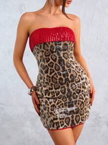 SHEIN SXY Women's Leopard Print Mini Dress,Strapless Beaded Slim Fit,Red And Black,Summer 70s Night Out Party,Holiday New Year Eve Homecoming Club Wear - Multicolor - View 2