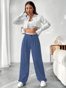 SHEIN Unity 女士纯色休闲时尚办公裤 - 寶藍色 - 查看 5