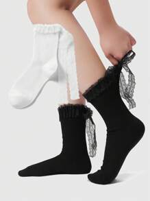 ROMWE Kawaii 2 pares de calcetines de media pantorrilla para mujer de unicolor simple, con lazo de encaje y malla, que absorben la humedad y proporcionan aislamiento térmico, versátiles y con volantes a la moda, adecuados para uso diario, con empaque de caja de regalo