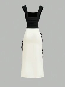 SHEIN MOD Conjunto de chaleco y falda casual elegante con decoración de lazo, vestido de San Valentín, conjunto de San Valentín, ropa de primavera, ropa de verano