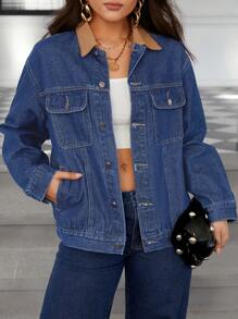 SHEIN Essnce 休闲百搭女式牛仔夹克 - 深色水洗藍 - 查看 1