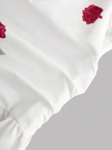 SHEIN Girlism Váy midi chữ A nhún bèo tay bồng họa tiết hoa màu trắng cho bé gái tuổi teen, họa tiết hoa hồng, trang phục nghỉ dưỡng sang trọng thanh lịch, thích hợp cho ngày lễ tình nhân, mùa xuân/hè - trắng - Xem 4