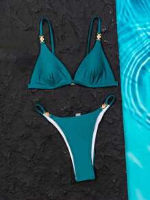 Summer Women Beach Vacation Shiny Fabric Spaghetti Strap Triangle Cup Thong Bikini Two Pieces Bikini
