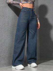 SHEIN ICON 牛仔休闲长裤，简约时尚，适合日常穿着 - 深色水洗藍 - 查看 6