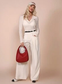 COSMINA Blusa de mujer de manga larga con cuello en V y punto acanalado, de corte slim - Crema - Ver 5