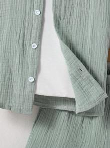 SHEIN 2 件男童纯色短袖衬衫和短裤套装 - 綠色 - 查看 5