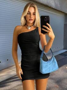 Muchica One Shoulder Ruched Side Bodycon Dress - Black - View 1