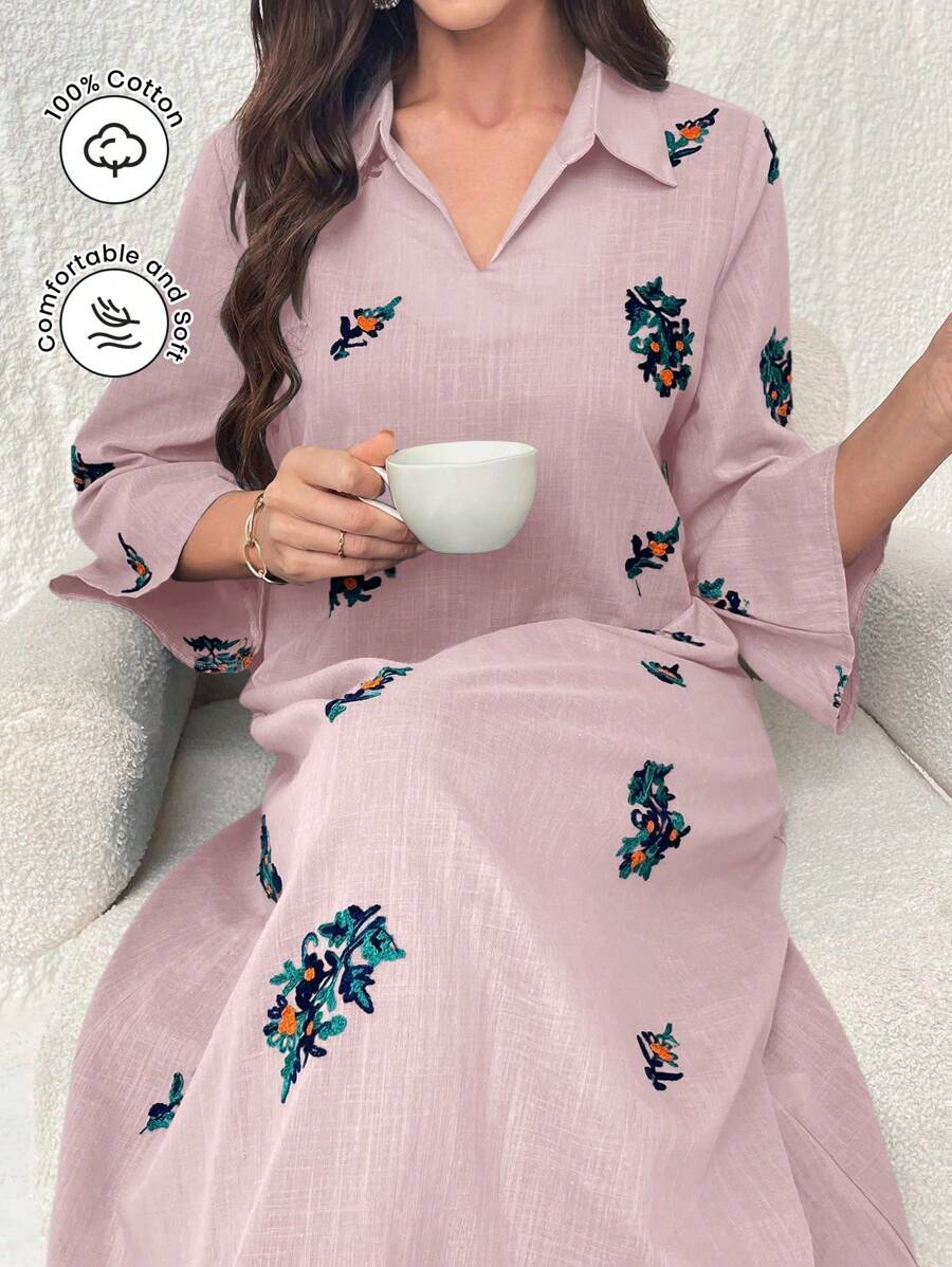 Al Najma Elegant Floral Embroidery Long Maxi Caftan Dress For Vacation