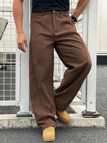 Manfinity Homme American Corduroy Washed Utility Pants For Men, High-End Casual Loose Straight Leg Trousers, Japanese Style Men Wide Leg Parts