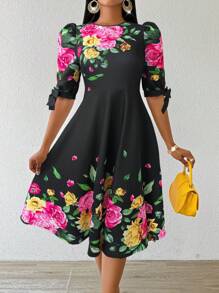 SHEIN Lady Vestidos de fiesta elegantes de punto de cuello redondo para bodas y fiestas, con mangas tres cuartos, para otoño e invierno - Negro - Ver 1