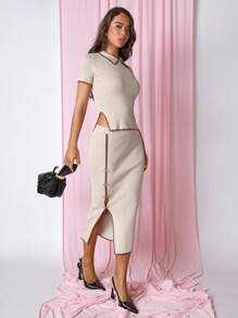 COSMINA Women's Collar Buttoned Slim Fit Short Sleeve Sweater - Beige - View 1