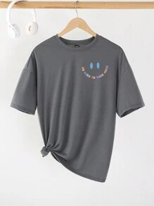 Fashionable Women Leisure Cartoon Slogan Pattern Print Drop Shoulder Short Sleeve T-Shirt - Dark Grey - View 2