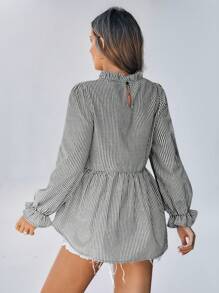 SHEIN LUNE Women's Striped Round Neck Ruffle Sleeve Casual Blouse,Going Out Tops Women,Long Sleeve Shirt,Office Wear,Country - Black and White - View 6