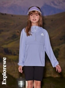 SHEIN Tween 女童 Mountain Range 字母印花长袖拉链短款上衣和短裤休闲 2 件套 - 藍色 - 查看 2