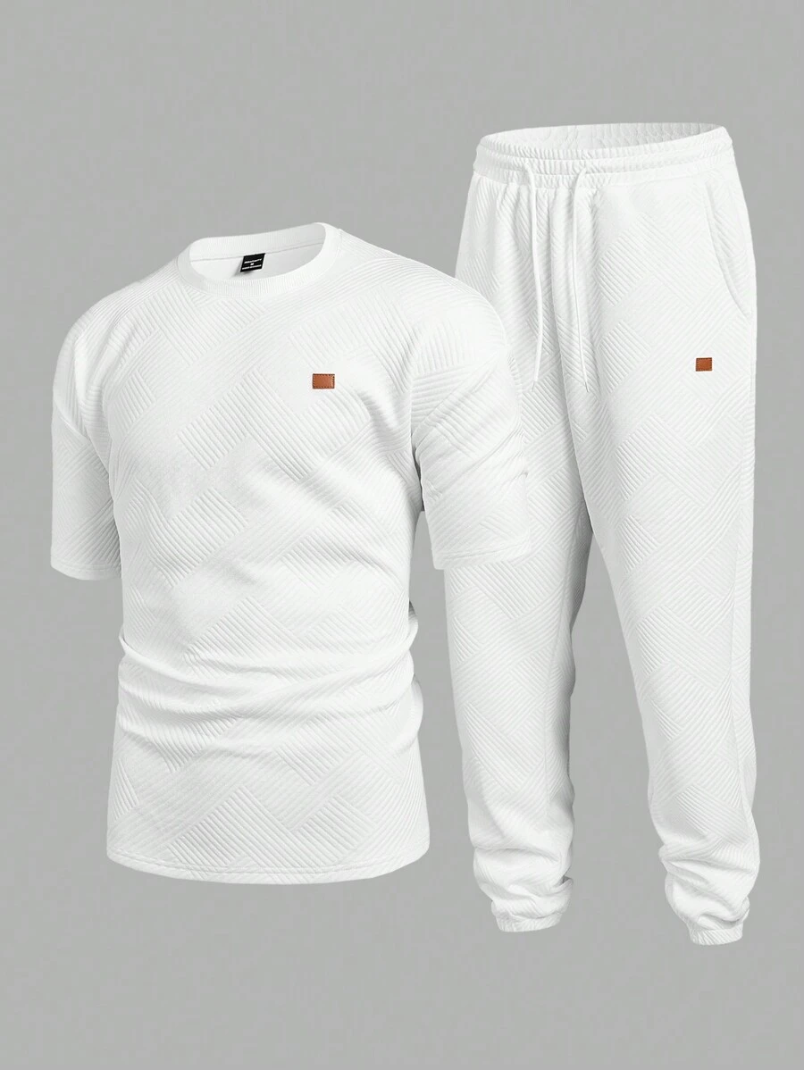 Manfinity RelaxMax Men Simple Round Neck Long Sleeve Top And Front Tie Up Long Pants Set - White - View 1