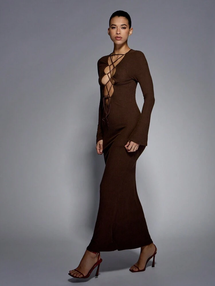 MISSGUIDED Straight Neck Long Sleeve Lace Up Back Rib Maxi Dress