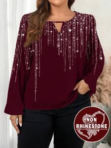 SHEIN Clasi Casual Sequin Print Design Loose Plus Size Women's Blouse, Suitable For Spring And Autumn - Burgundy - View 1