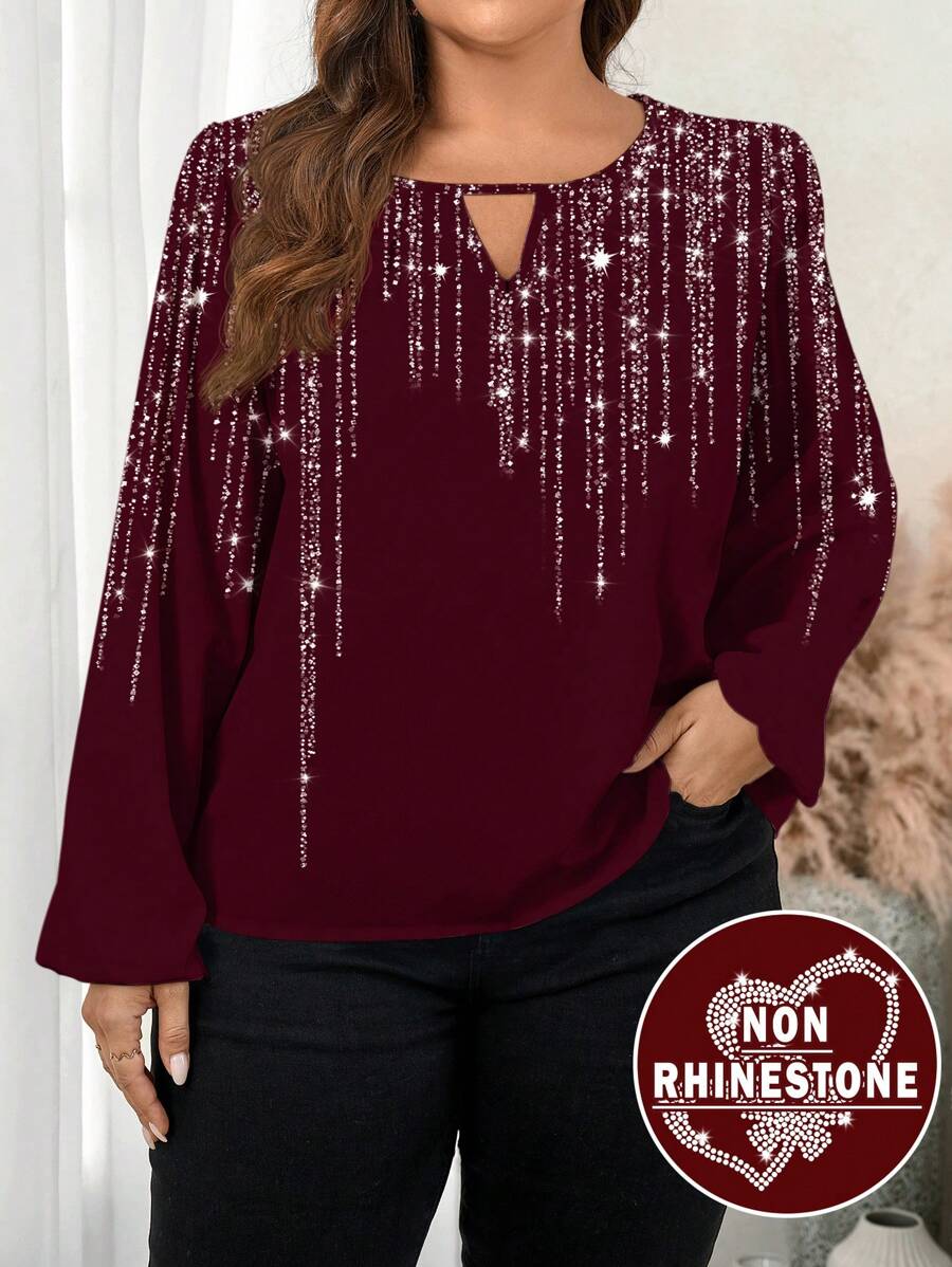 SHEIN Clasi Casual Sequin Print Design Loose Plus Size Women's Blouse, Suitable For Spring And Autumn - Burgundy - View 1