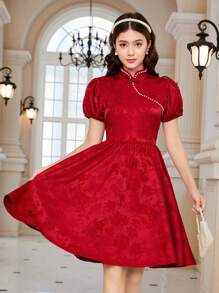 Vestido Hanfu rojo de estilo tradicional chino con cuello alto para niñas adolescentes en Navidad
