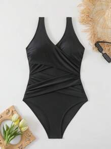 SHEIN Swim Springbreak 纯黑色交叉V领休闲度假修身女式连体泳衣 - 黑色 - 查看 5
