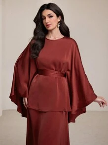 Graceveil Elegant Satin Collar Cape-Style Arabian Dress For Women, Spring/Summer Modest - Rust Brown - View 6