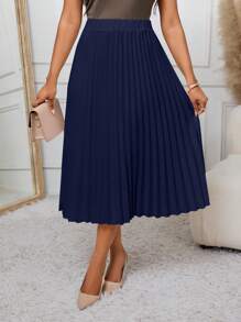 SHEIN Lady 2025 New Navy Blue Pleated A-Line Skirt, Versatile For Work And Occasions Chic Skirt Fall Outfits For Women Winter Outfits For Women Pleated Skirt Women Dark Blue Pleated Skirt