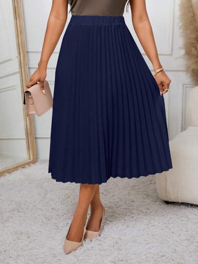 SHEIN Lady 2025 New Navy Blue Pleated A-Line Skirt, Versatile For Work And Occasions Chic Skirt Fall Outfits For Women Winter Outfits For Women Pleated Skirt Women Dark Blue Pleated Skirt