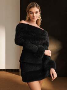 MOTF Soiréza WOOL TWEED CONTRAST FUZZY TRIM OFF SHOULDER JACKET - Black - View 8