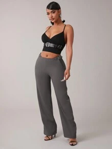 SHEIN SXY 女士灰色纯色通勤休闲/办公装/老款风格/时尚出游/秋冬保暖羊毛斜纹直筒裤/冬季女裤；秋季女装；办公装女士；新款直筒低腰休闲个性侧腰双扣装饰西装裤