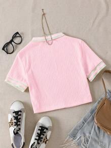Chiquease Women's Contrast Color Polo Collar Short Sleeve Casual Ribbed T-Shirt - Pink - View 2