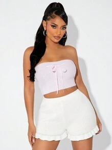 SHEIN SXY Thick Warm High Waist Ruffled Knitted Shorts, Autumn/Winter - White - View 4