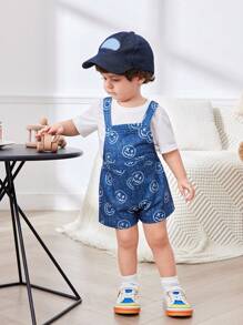 SHEIN 男婴笑脸图案工装裤和短裤，休闲百搭