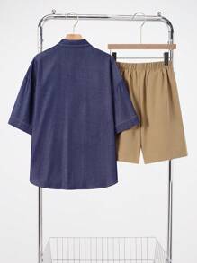 SHEIN Set de 2 piezas para niños adolescentes, camisa de manga corta informal + pantalones cortos, estilo callejero punk rock para uso diario, fiestas, festivales de música, primavera/verano - Multicolor - Ver 3