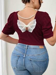 Elenzga 大码女式夏季蝴蝶结装饰短款泡泡袖修身圆领 T 恤，新年款 - 酒紅色 - 查看 5