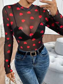 Chiquease Body estilo envolvente con estampado de corazón, transparente y sexy personalizado - Negro - Ver 1