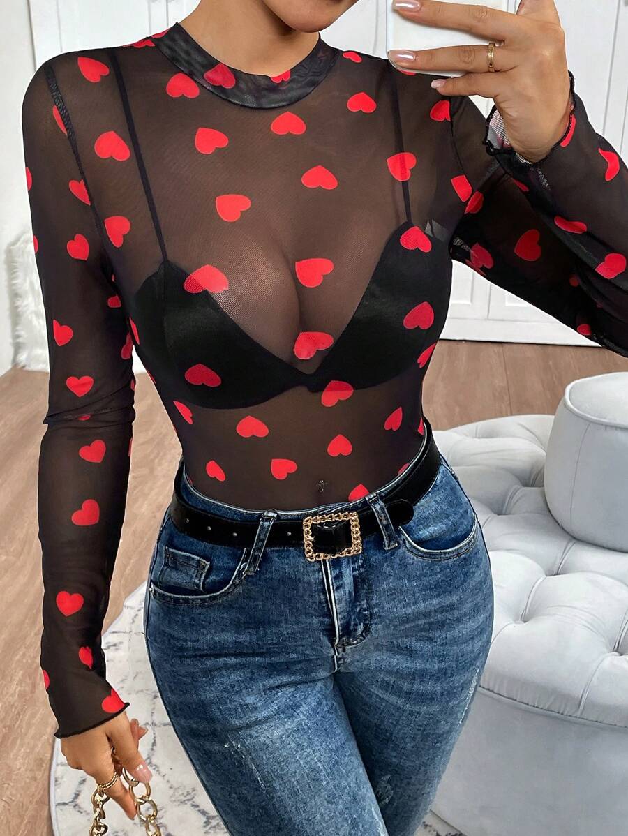 Chiquease Body estilo envolvente con estampado de corazón, transparente y sexy personalizado - Negro - Ver 1