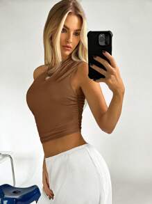 SHEIN EZwear Summer Solid One Shoulder Ruched Crop Top