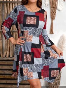 SHEIN ثوب قصير ضيق لون محدب موسم الربيع/الصيف بأكمام ثلاثة أرباع, أسلوب متباين مناسب للمكتب والخروج للمرأة البدينة - متعدد الألوان - مشاهدة 4