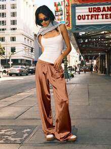 Easelle Pantalon droit ample à taille élastique en satin marron pour femmes - Tabac - Voir 5