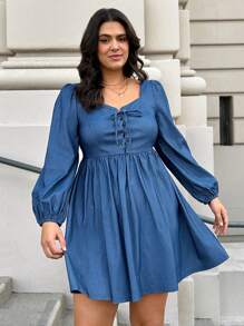 SHEIN LUNE Plus Size Front Twist Tie Lantern Sleeve Cinched Waist Slimming Long Dress, Blue Valentine's Day Long Sleeve Dress - Blue - View 6
